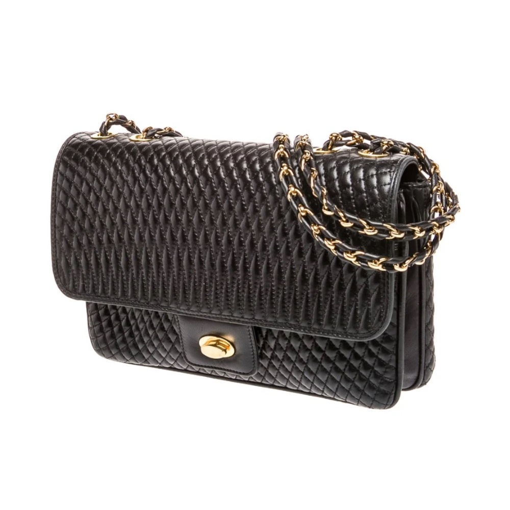 Bally Black Quilted Shoulder Bag with gold braided strap.